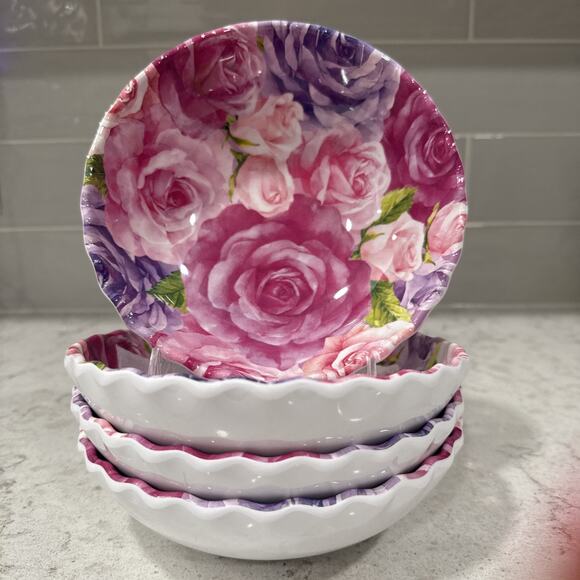 Set 4 Salad Bowls Jolie Fleur Rose Melamine Serving 7x2” Bowl Pink Purple NEW - Picture 1 of 5
